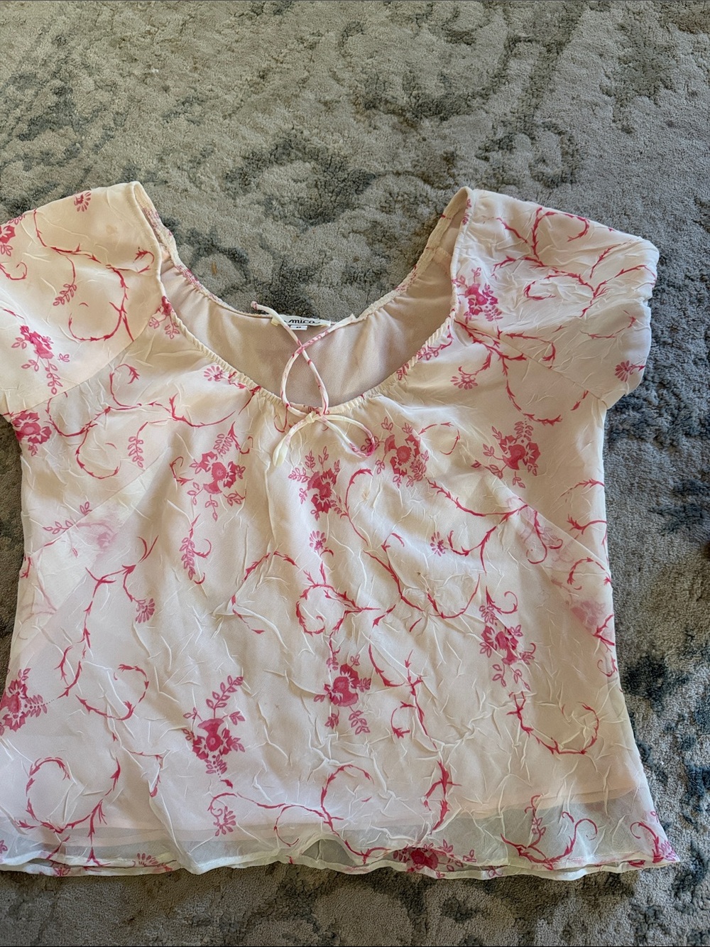 Pink Floral Tie-Neck Short Sleeve Blouse